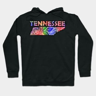 Colorful mandala art map of Tennessee with text in multicolor pattern Hoodie